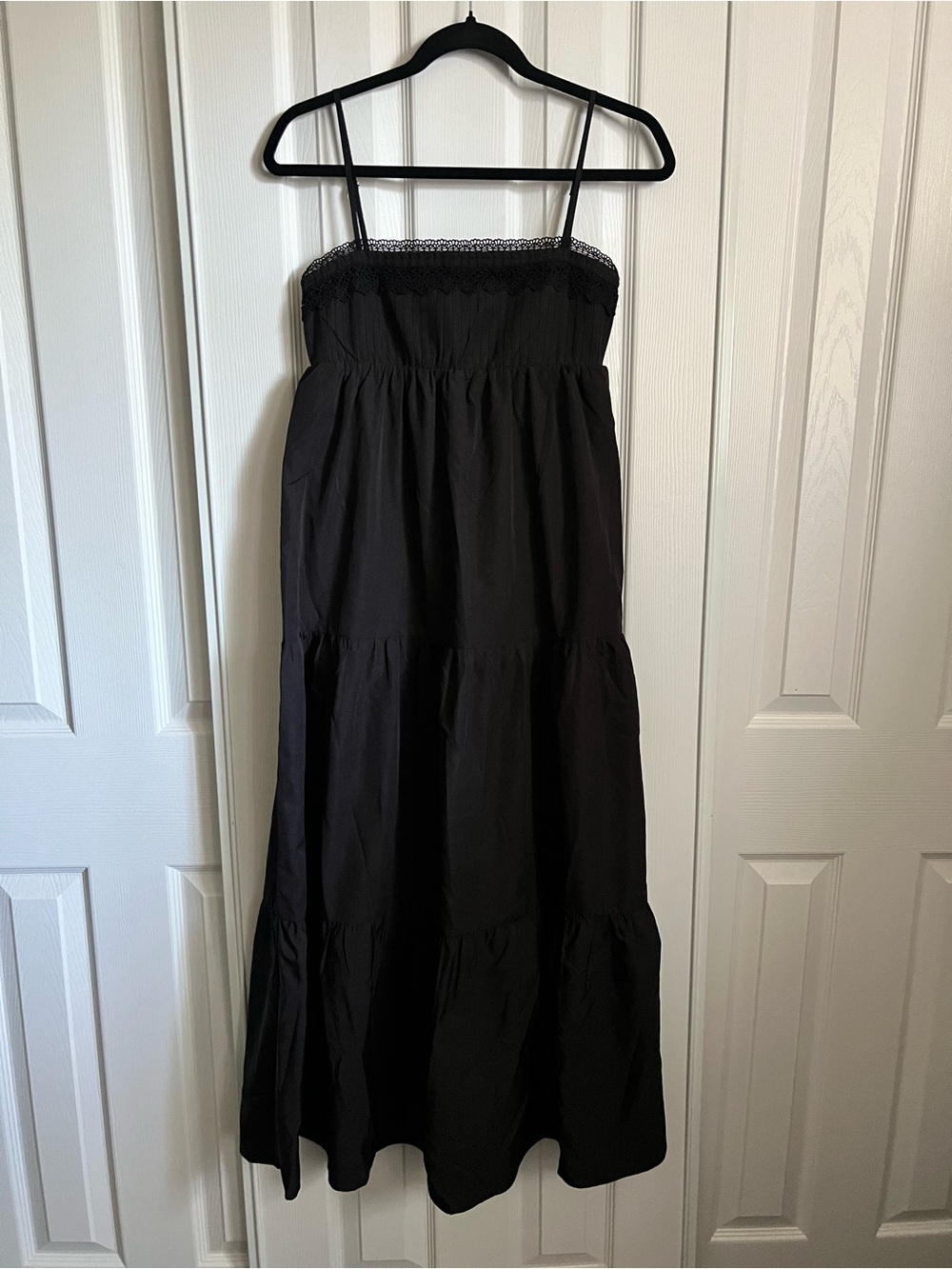 Zara Black ruffle poplin Lace Tiered Maxi Dress paneled Size XS